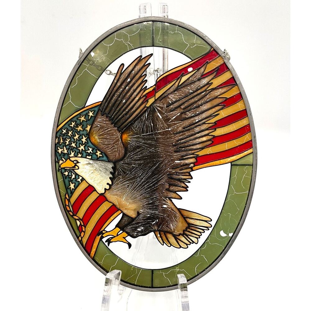Oval American USA Flag & Bald Eagle Painted Stain Glass Window Hanging Decor